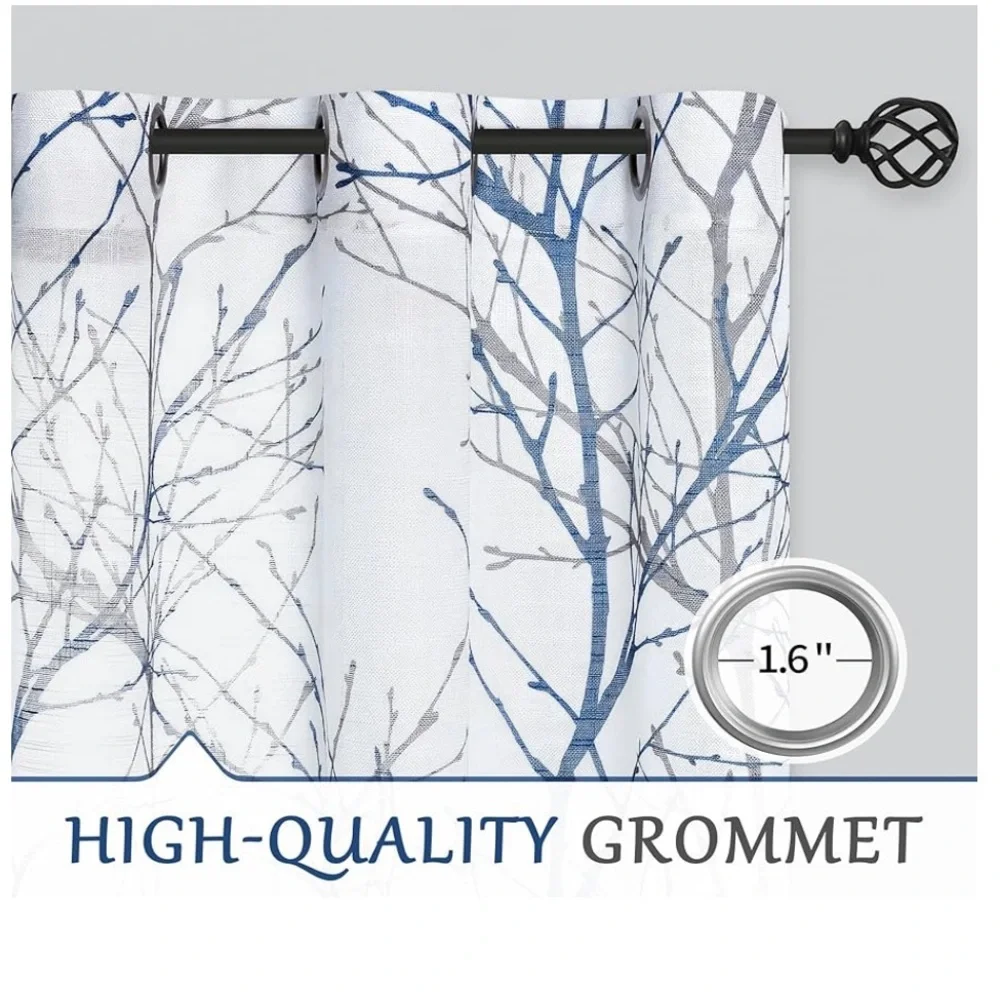 72”x50” 2 panels Semi Sheer short linen curtains blue gray tree branch filtering